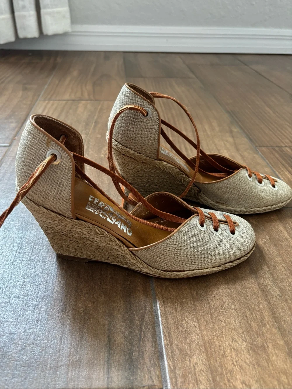 Salvatore Ferragamo Jute Fabric and Leather Espadrille Wedge Pumps Size 8